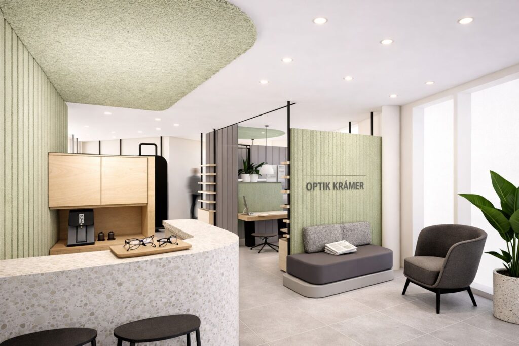 Die drei Murrhardter Kolleginnen von Optik Krämer und ein Blick ins stylische Fachgeschäft. Foto: Nicole Suppan-Knöder/Innenansicht KI generiert
